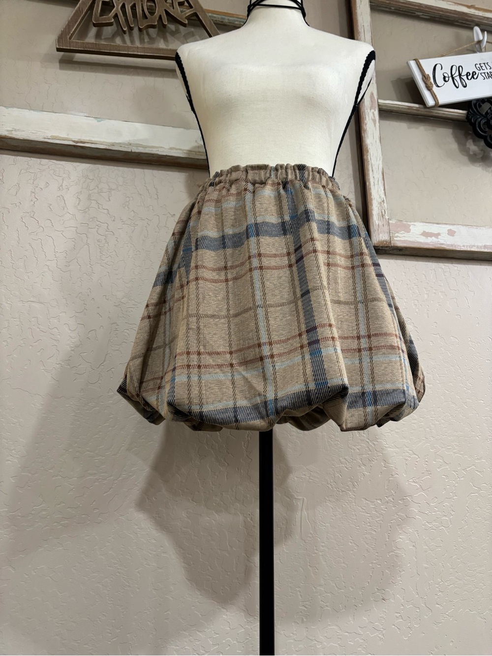 Beige Plaid Bubble Mini Skirt